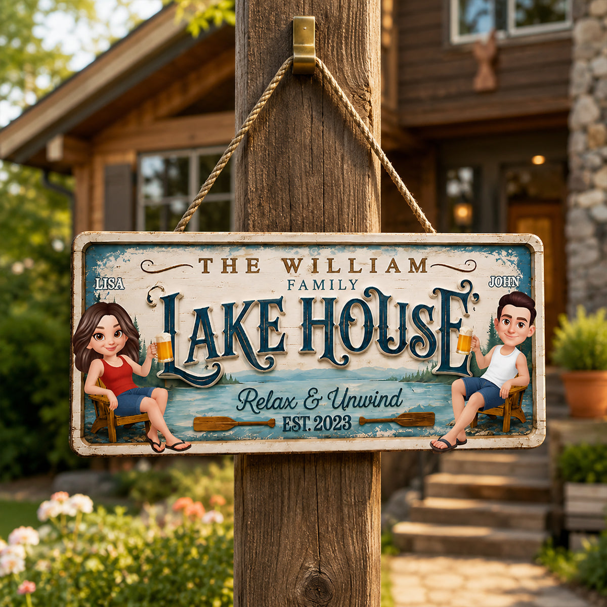 Family Lake House Relax & Unwind - Personalized Wood Sign - Gift For Couple, Family, Summer Decorations
