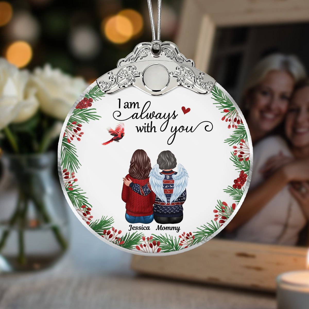 Holly Branch Always With You - Personalized Glass Ornament With Silver Cap - Christmas Memorial Keepsake For Family