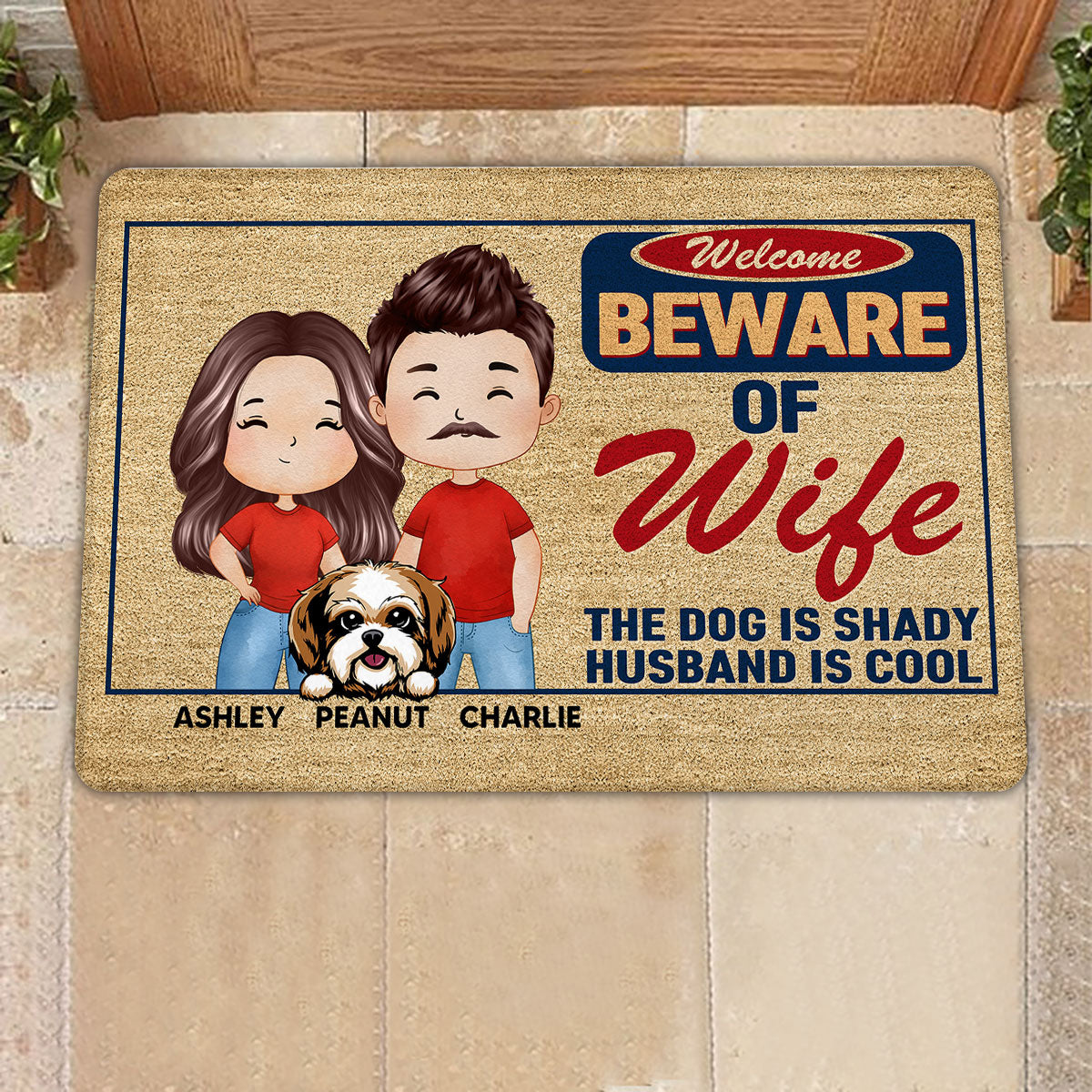 Beware Of Wife Dogs Are Shady Husband Is Cool Watercolor Couple Personalized Doormat