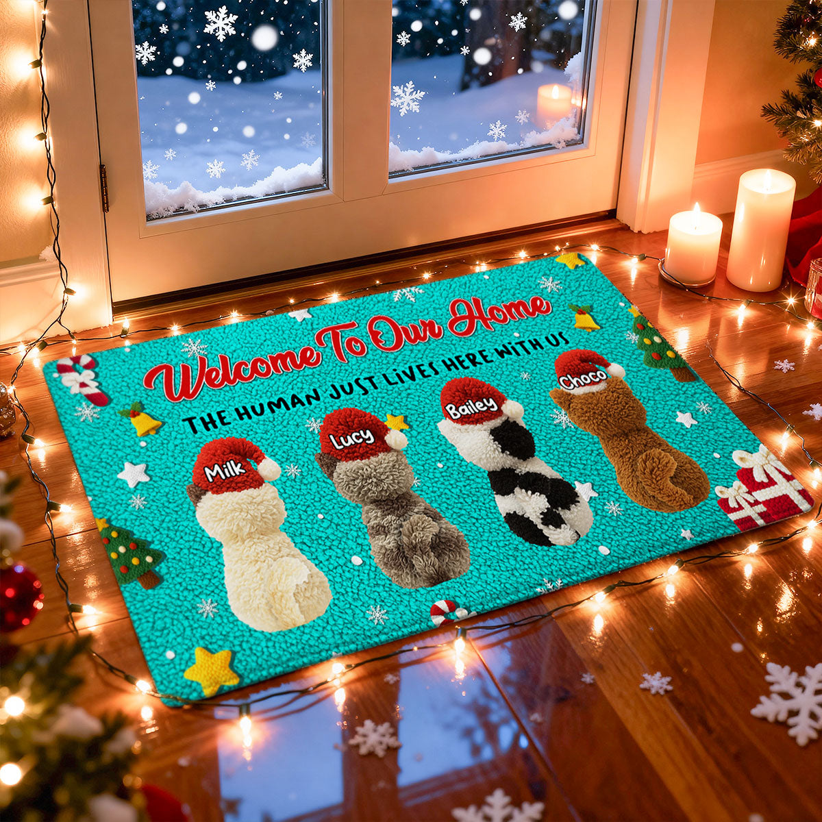 Welcome to Our Home The Humans Just Live Here - Personalized Doormat - Funny Cats Latch Hook Yarn Faux - Christmas Decor for Pet Lovers