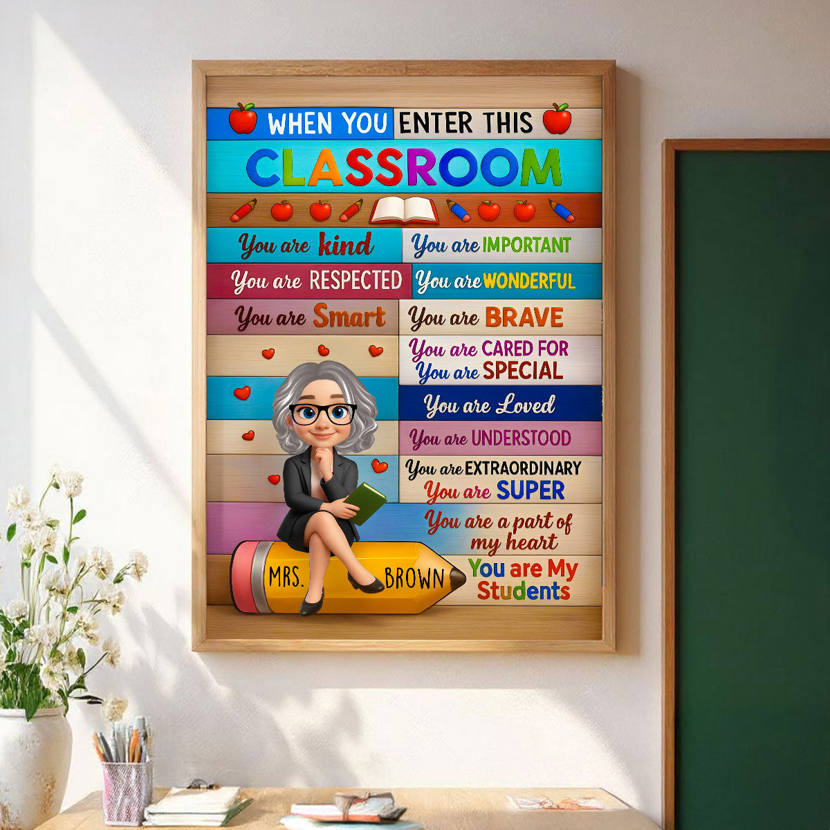 3D Cartoon Teacher Sitting On Pencil Personalized Poster, Classroom Decoration, Back To School Gift For Teacher