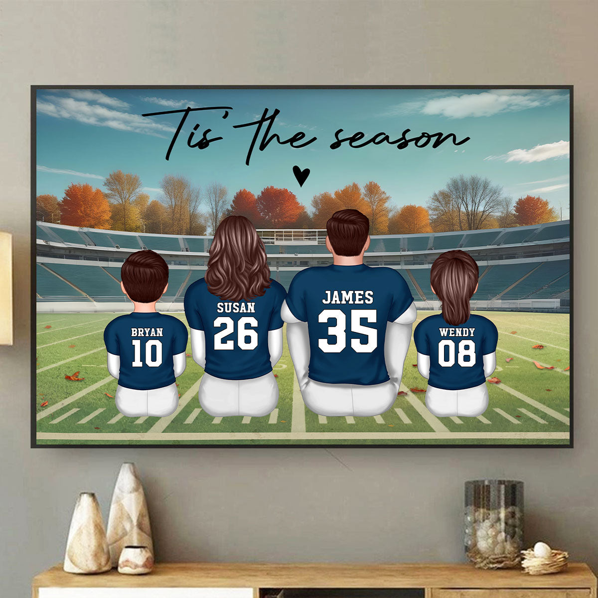 Fall Season Football Family Sitting Back View Personalized Poster, Meaningful Father's Day Gift for Dad, Gift for Husband