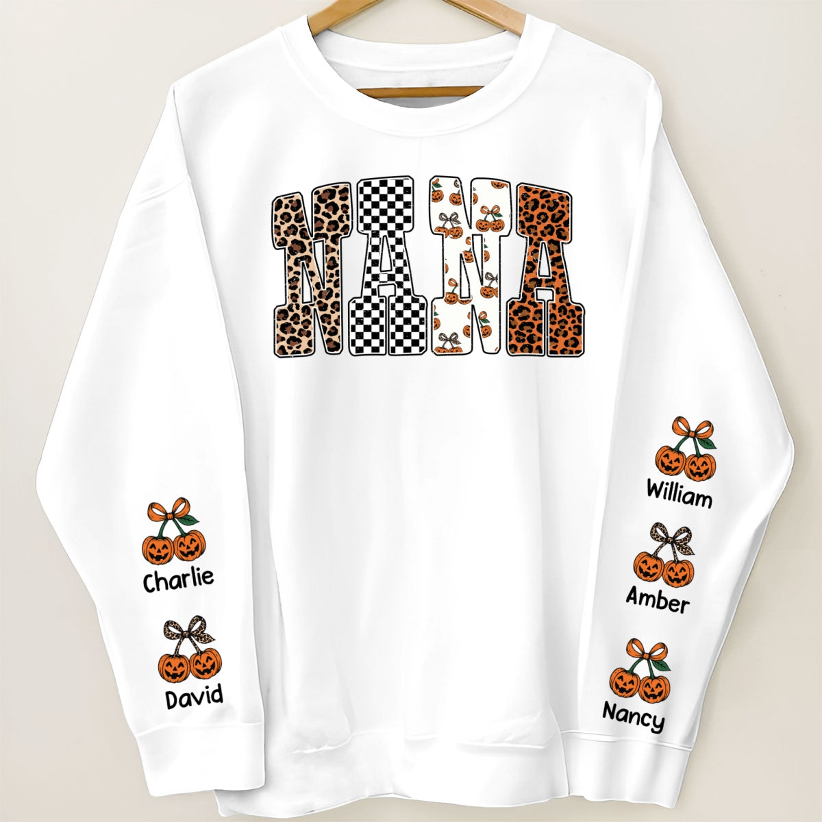 Trendy Fall Mama Personalized Sweatshirt – Leopard, Pumpkin & Checkerboard Fall Halloween Sweatshirt