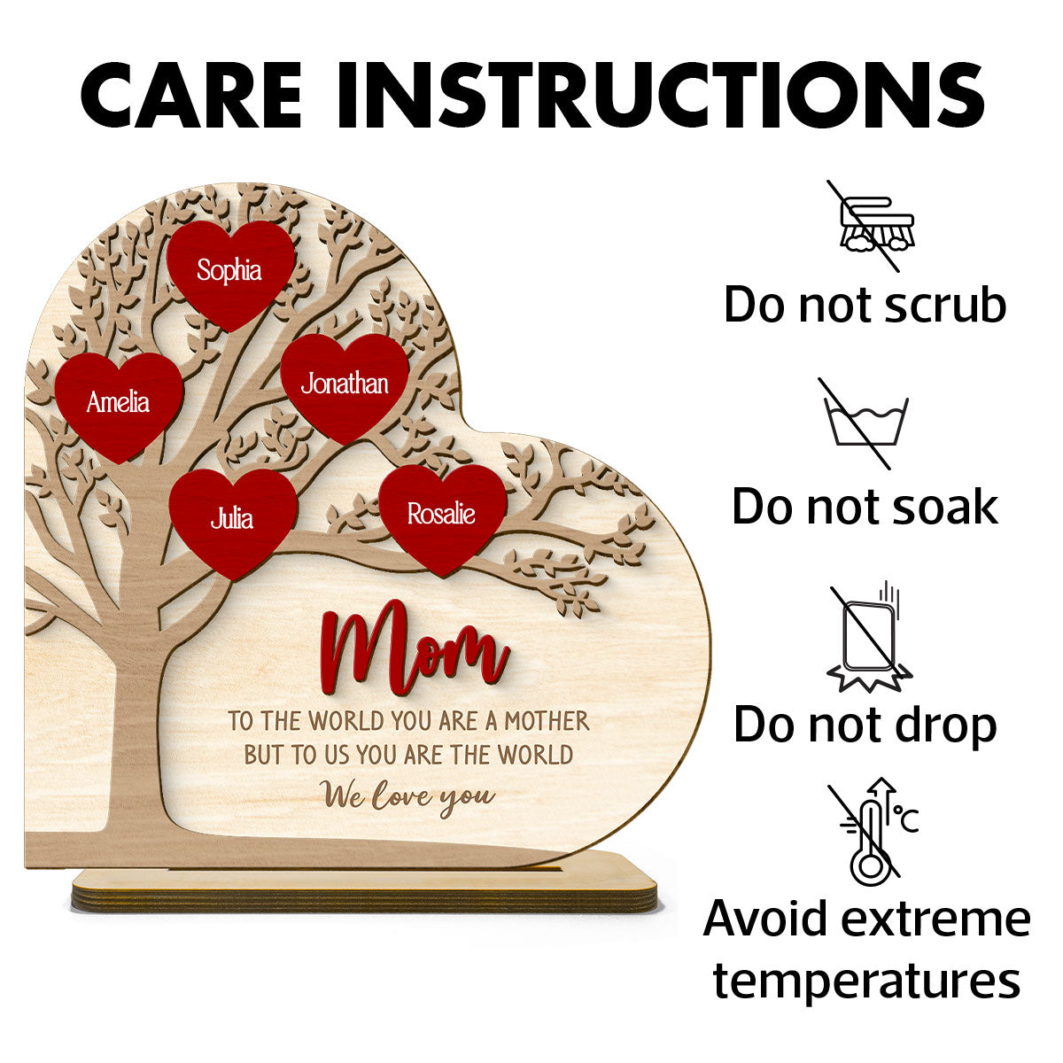 Personalized Family Tree Heart Standing Wooden Plaque, Mother's Day, Birthday Gift for Moms