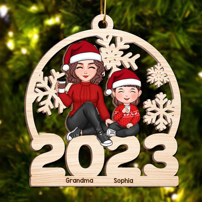 Cute Grandma Grandkids Sitting On 2023 Cut-through Personalized Wooden Ornament