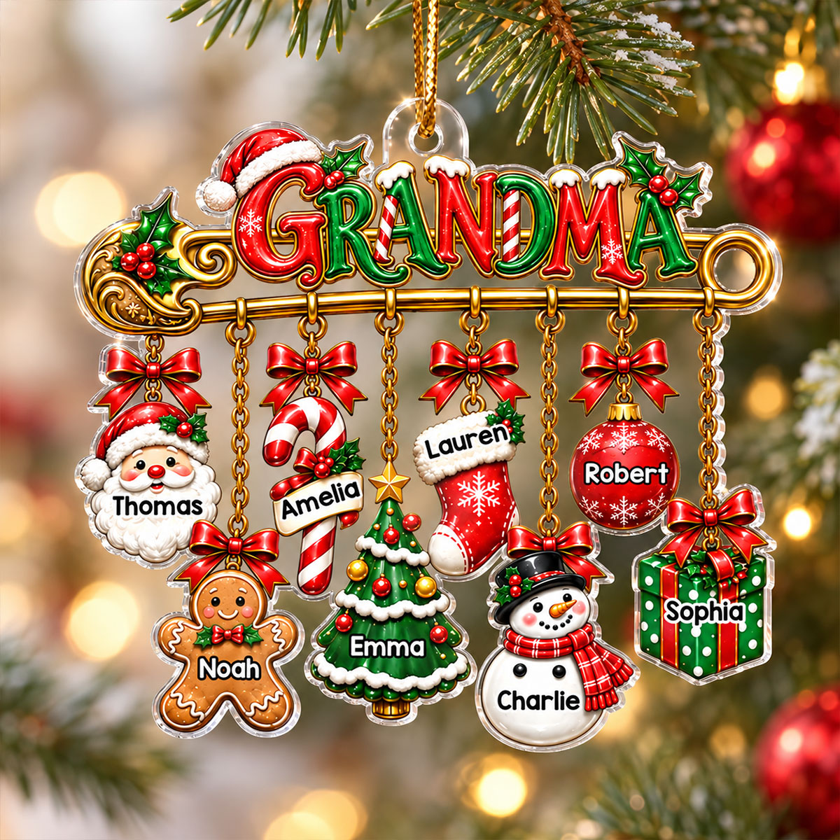 Grandma Safety Pin Christmas Charm - Personalized Acrylic Ornament - Trendy Christmas Gift for Grandma