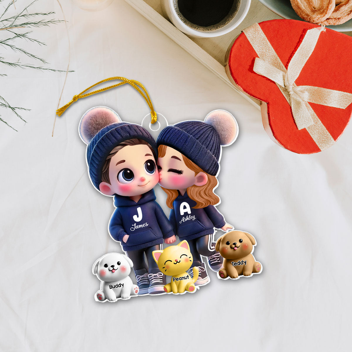 3D Effect Cute Cartoon Couple You Me And The Dog Cat Personalized Acrylic Car Hanger,  Gift for Him, Gift for Her