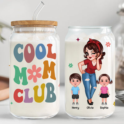 Cool Grandma Mom Club Pretty Woman With Kids Personalized Clear Glass Can