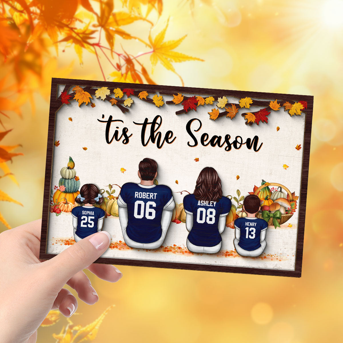 Fall Season Football Family Sitting Personalized 2-Layer Wooden Plaque, Gift For Husband, Wife, Dad, Mom