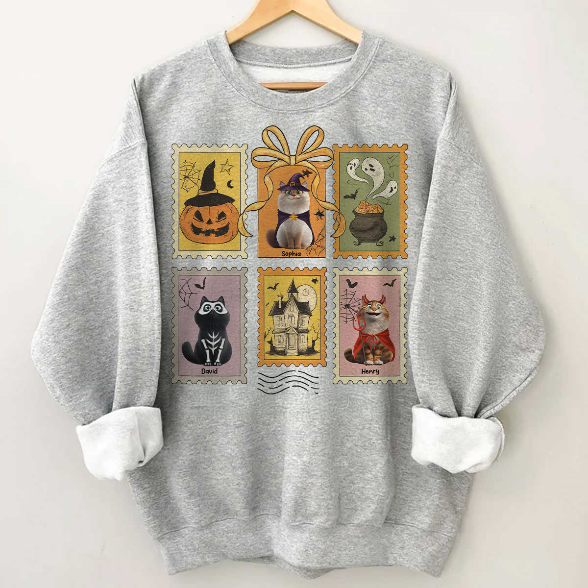 Cute Cats Retro Halloween Postage Stamp Sweatshirt – Cute & Spooky Fall Personalized Sweatshirt