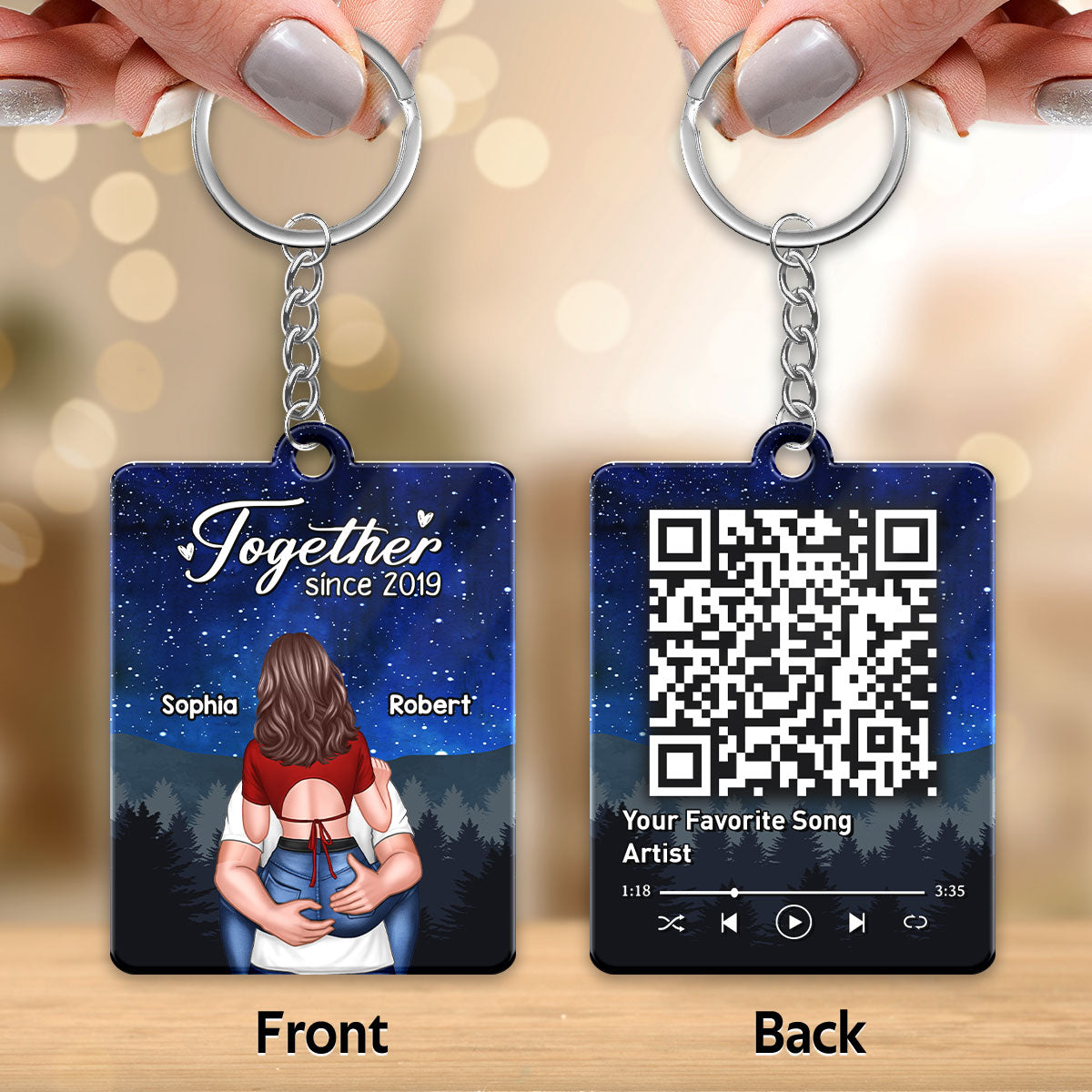 Man Holding Woman Back View At Night Favorite Song QR Code Personalized Acrylic Keychain