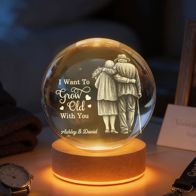 Eternal Love Old Couple Wanna Grow Old With You - Personalized Crystal Ball LED Night Light - Valentine's Day Gift For Couple