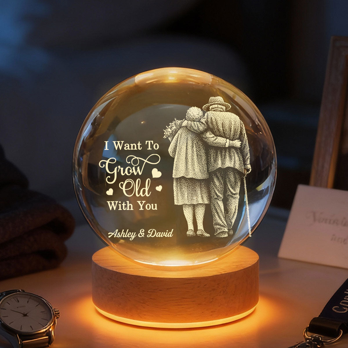 Eternal Love Old Couple Wanna Grow Old With You - Personalized Crystal Ball LED Night Light - Valentine's Day Gift For Couple