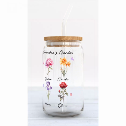 Grandma‘s Garden Beautiful Birth Month Flowers Mother‘s Day Birthday Gift For Grandma Mom Personalized Clear Glass Can