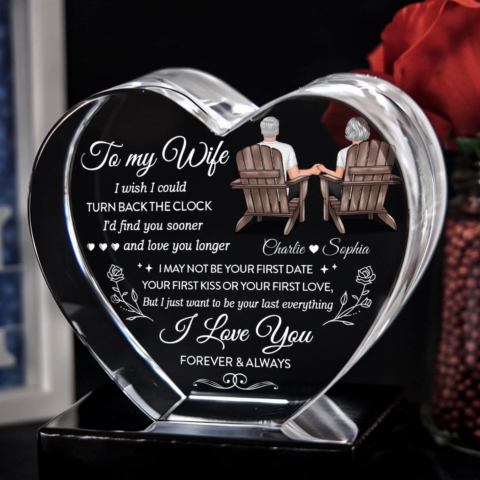To My Wife I Wish I Could Turn Back The Clock Premium Crystal Heart LED, Heartfelt Personalized Couple Anniversary Gift For Couple, Last-minute Valentine's Gift For Her, For Wife, FREE DELIVERY