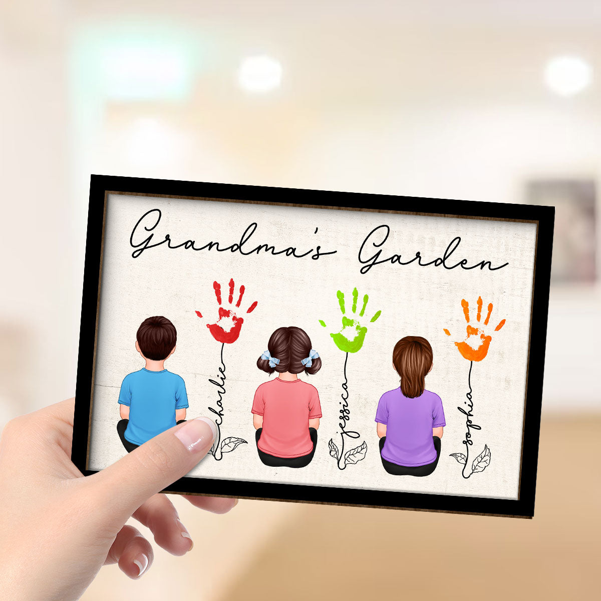 Grandma Garden Handprints Kids Sitting Back View Personalized 2-layer Wooden Plaque