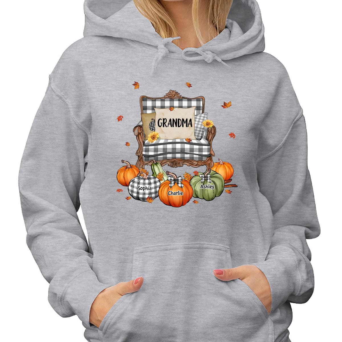 Grandma Mom Pattern Chair And Pumpkins Personalized Shirt