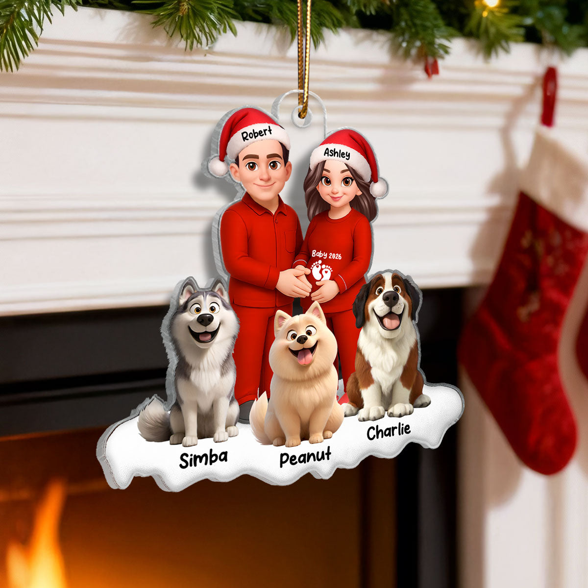 Expecting Parents Christmas Pregnancy Baby Arriving With Dogs - Personalized Acrylic Ornament