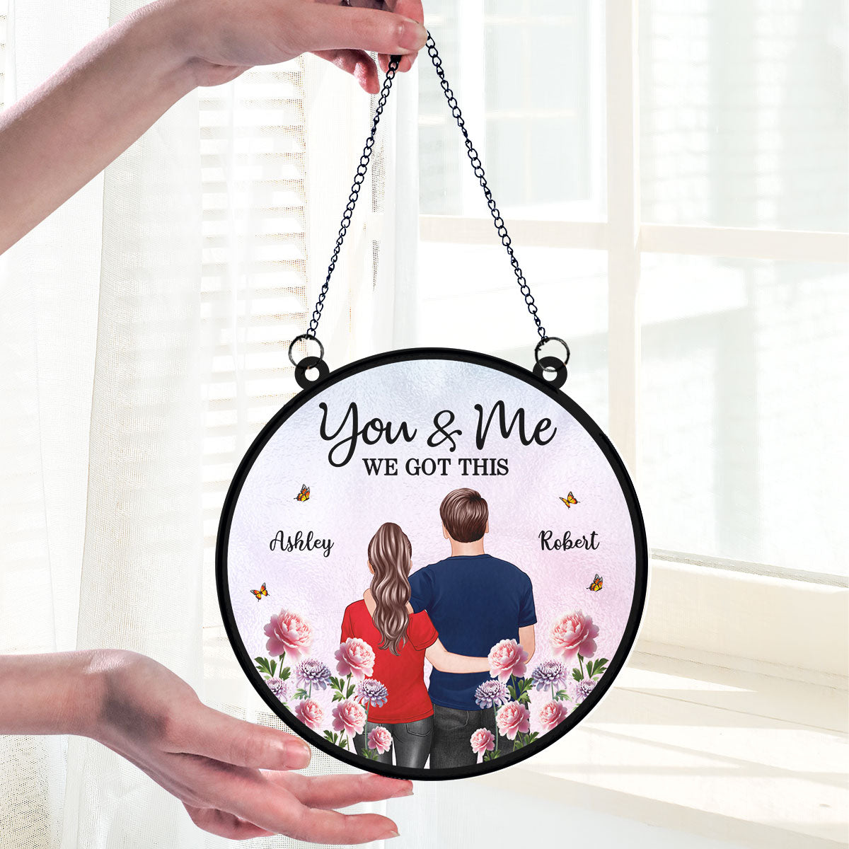 Couple Birth Month Flowers Personalized Suncatcher, Gift For Couple, Gift For Her