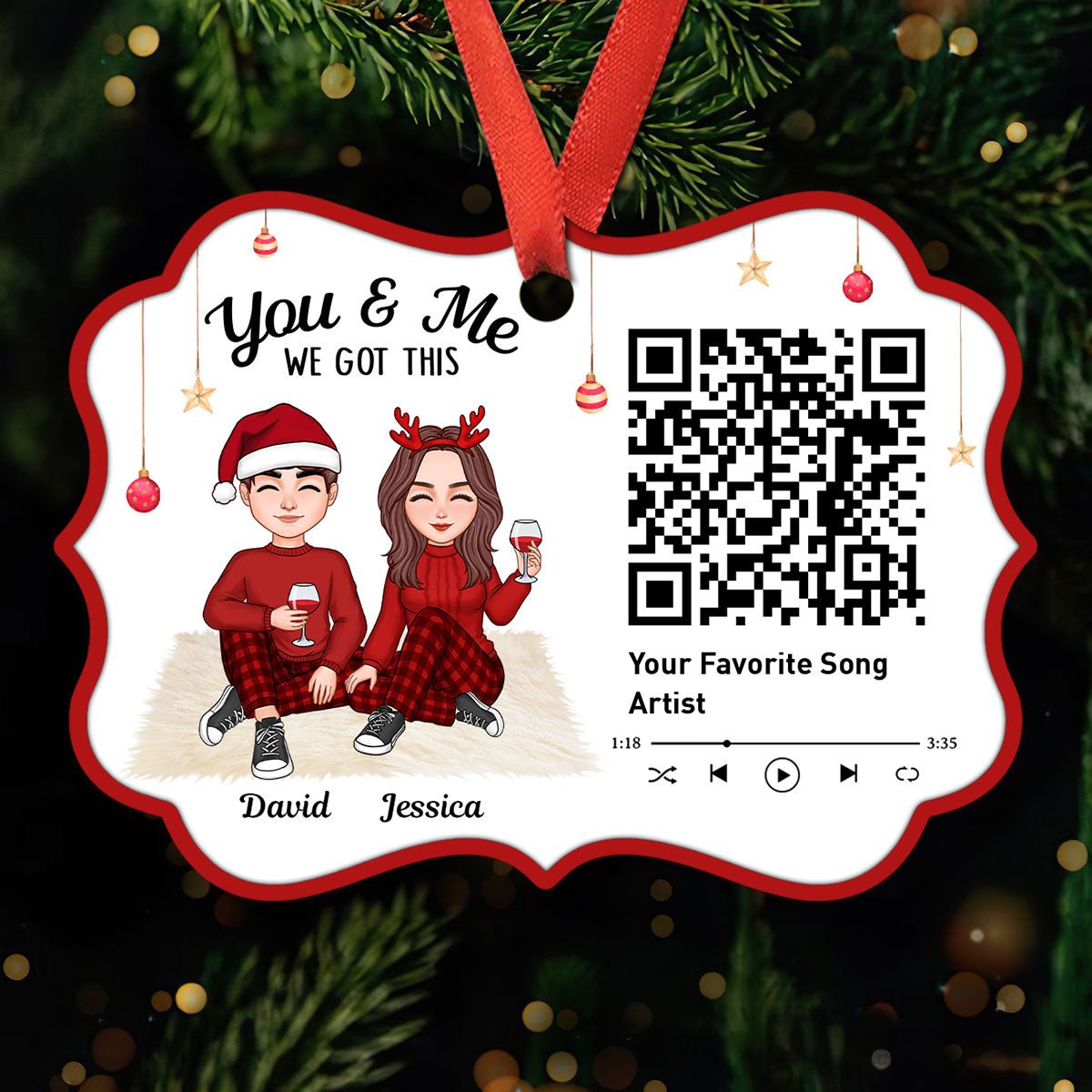 Christmas Couple Sitting Favorite Song Scannable QR Code Personalized Christmas Ornament