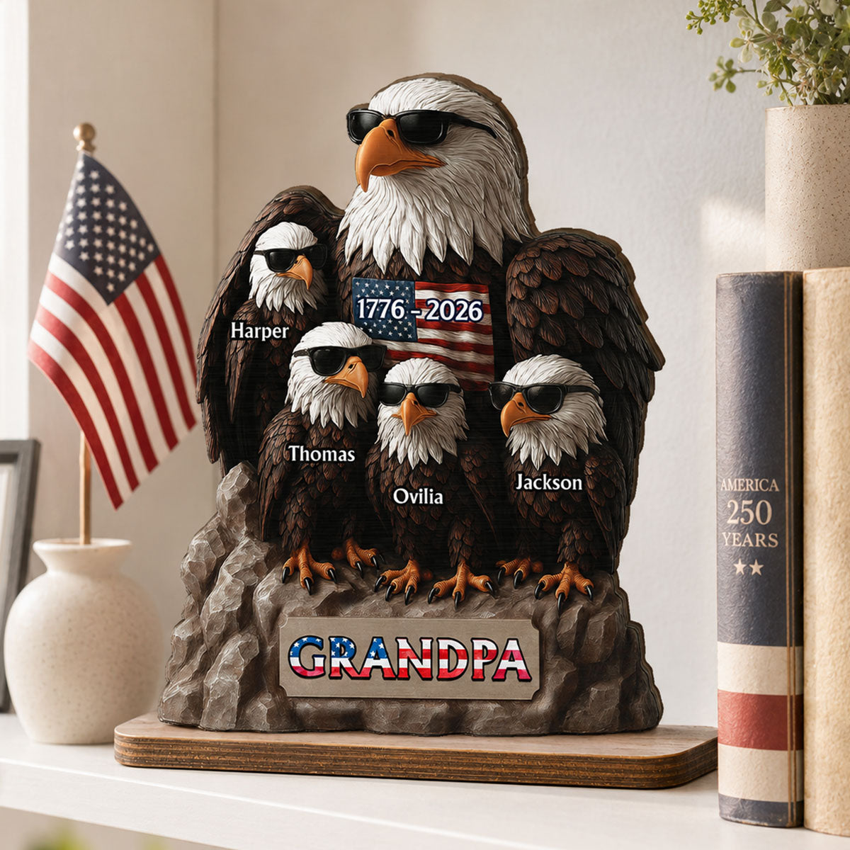 America 250th Anniversary Patriotic Eagle Grandpa Dad & Kids - Personalized 2-Layered Wooden Plaque - Father's Day Gift, 250th Anniversary Gift, Keepsake For Grandpa, Dad