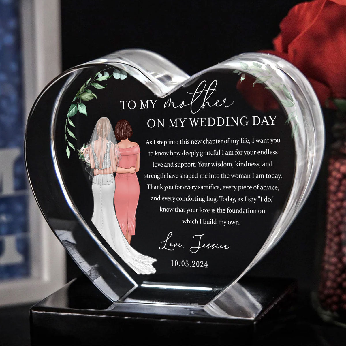 Personalized Wedding Mother of the Bride Gift from Daughter, a Treasure Forever Custom Premium Crystal Heart LED, Free Shipping Included