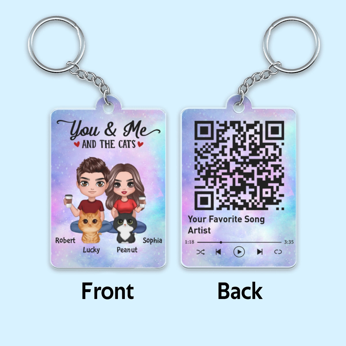 Doll Couple Sitting With Cute Watercolor Cats Favorite Song QR Code Personalized Acrylic Keychain
