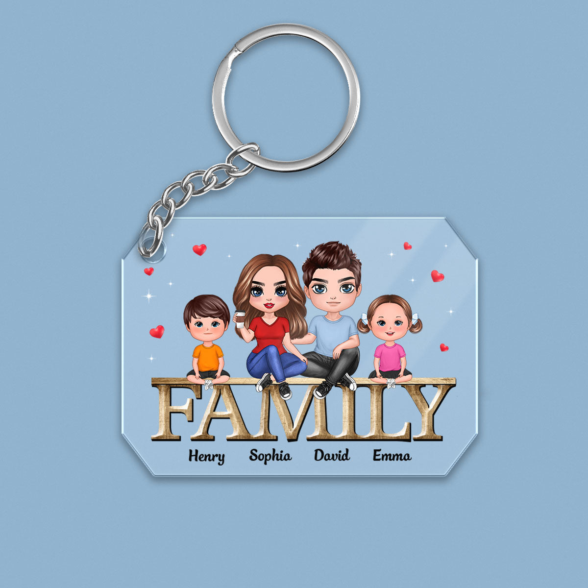Family Couple Kid Dog Cat Sitting On Word Personalized Acrylic Keychain