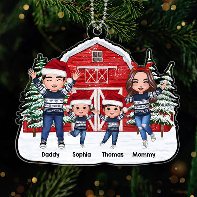 Happy Doll Family Dad Mom Kids Dogs Cats At Christmas Tree Farm Red Barn Personalized Acrylic Ornament