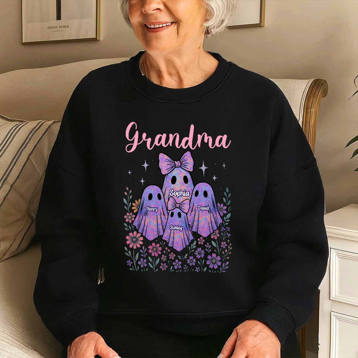 Grandma Mom Iridescent Cute Ghost Personalized Sweatshirt, Halloween Gift