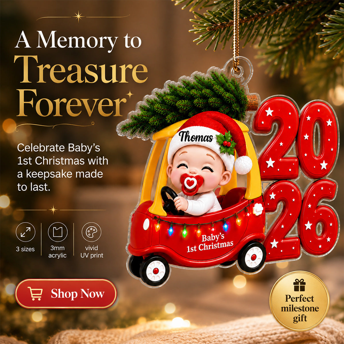 Baby First Christmas Cozy Coupe 2D Flat - Personalized Acrylic Ornament - Christmas Keepsake