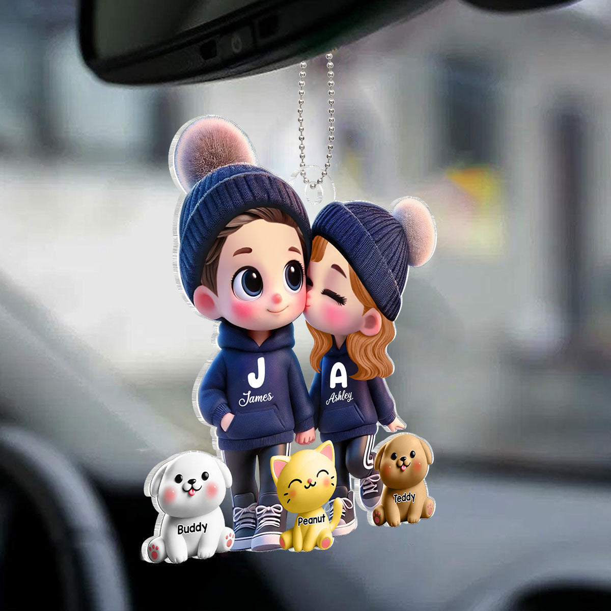 3D Effect Cute Cartoon Couple You Me And The Dog Cat Personalized Acrylic Car Hanger,  Gift for Him, Gift for Her