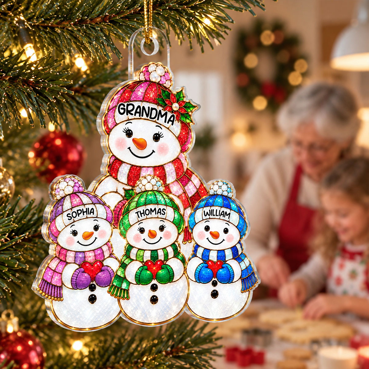 Cute Snowman Grandma Grandpa & Grandkids 2D Flat Printed - Personalized Acrylic Ornament - Christmas Decor For Family, Grandma, Grandpa