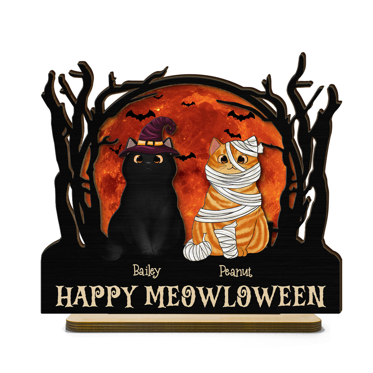 Stay Spooky Halloween Moon Scene Cat Lover Tabletop Tier Tray Decor Personalized 2-Layer Standing Wooden Plaque