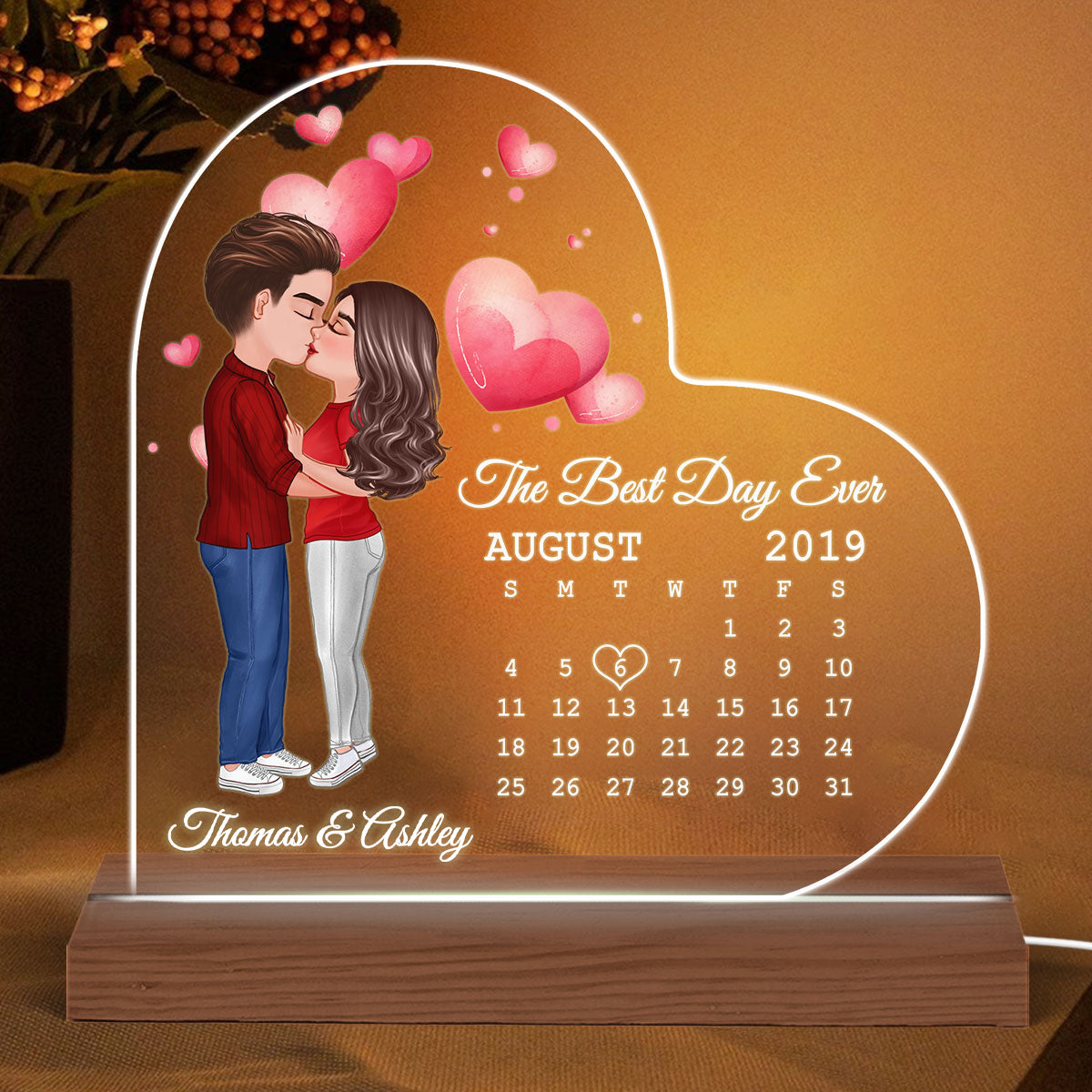 Doll Couple Kissing Calendar Anniversary Date Personalized Heart Shaped Acrylic Plaque With LED Night Light - Anniversary Gift For Couple - Gift For Him, Gift For Her