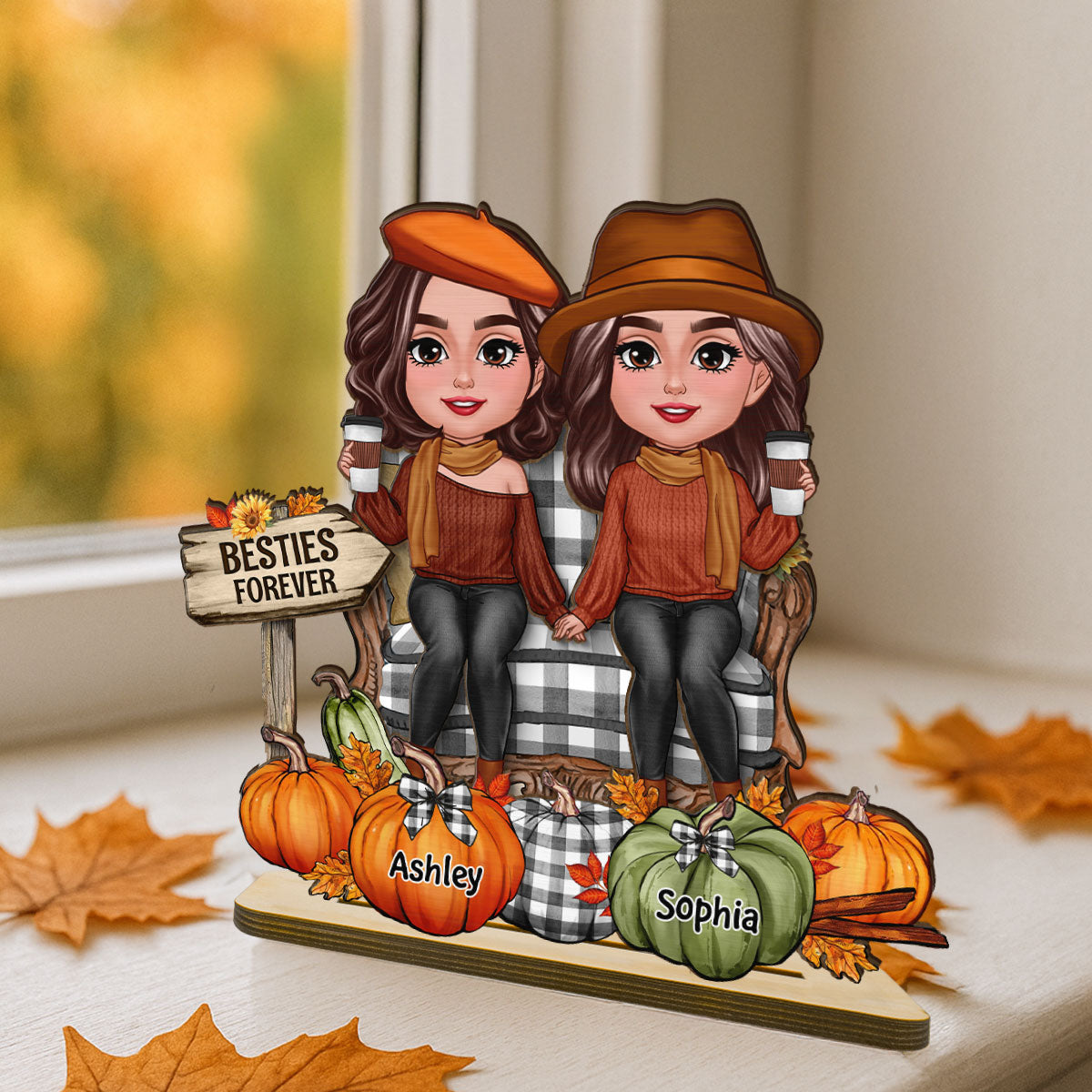 Fall Season Besties Sitting Pumpkins Personalized 2-Layer Standing Wooden Plaque| Fall Season Gift For Best Friends