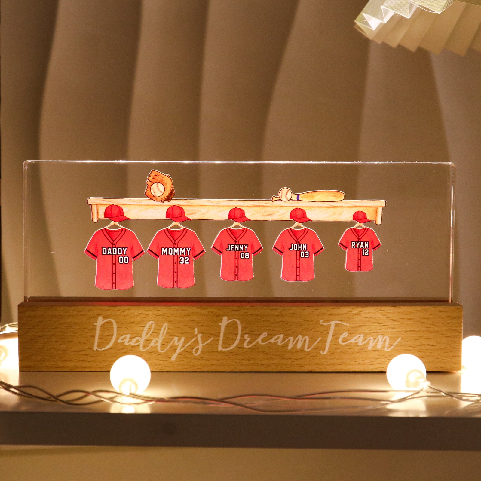 Daddy's Baseball Team Personalized Acrylic Block LED Night Light