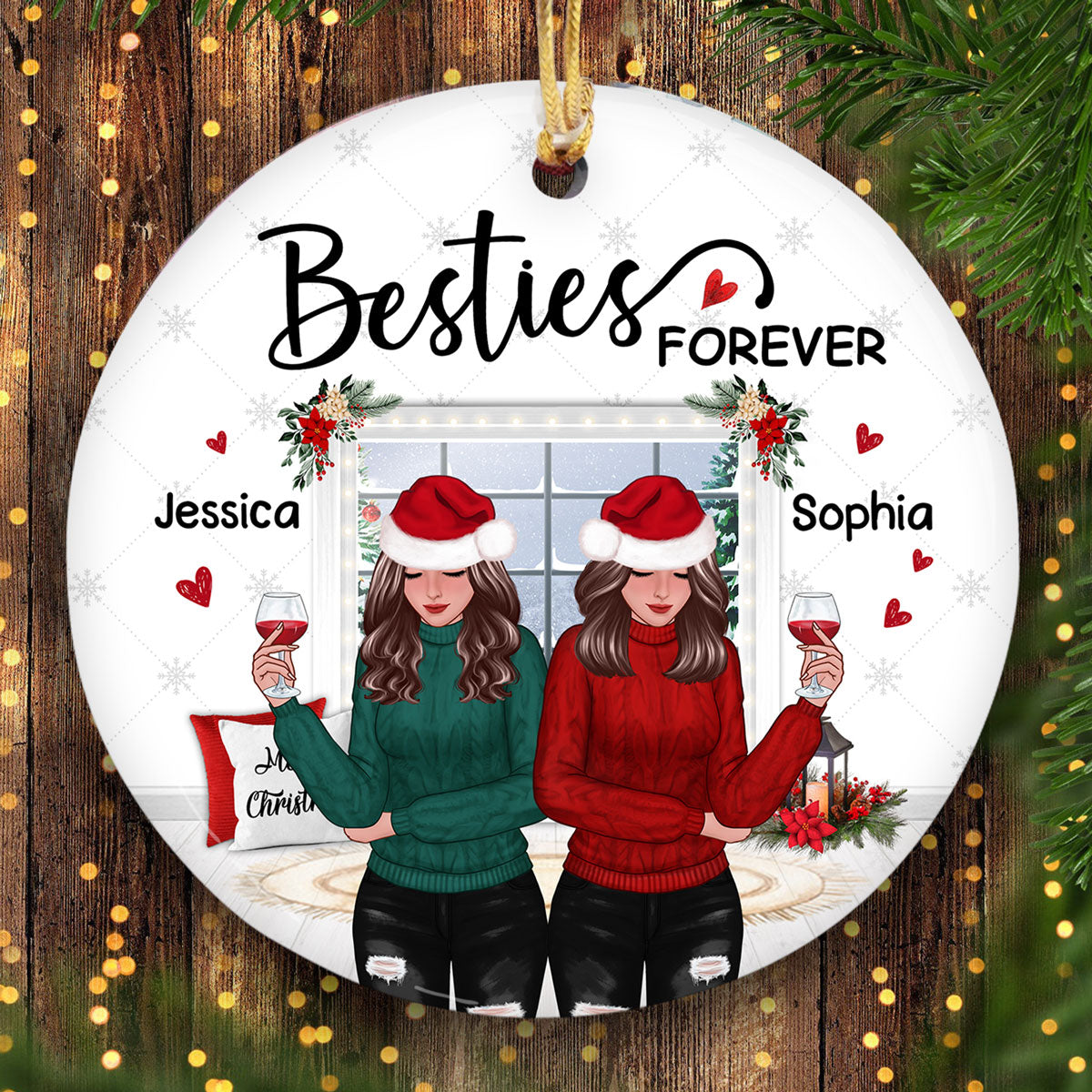 Winter Window Front View Christmas Besties Personalized Circle Ornament