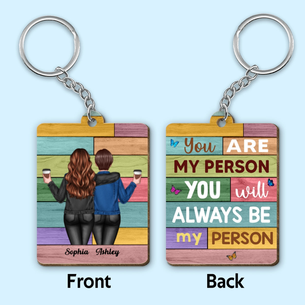 Colorful Palette Back View Besties Gift For Best Friends Personalized Wooden Keychain