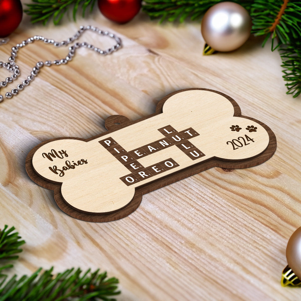 Dogs Names Crossword Puzzle Art Bond Shape Personalized 2-Layer Wooden Ornament