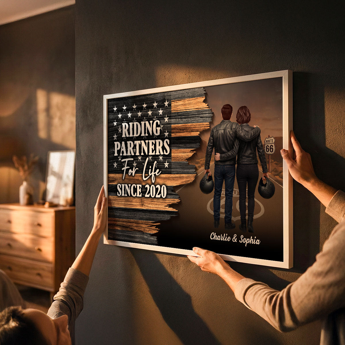 Eternal Love Back View Biker Couple Riding Partners For Life Half Nation Flag - Personalized Poster - Gift For Couple, Bikers, Gift For Him, For Her