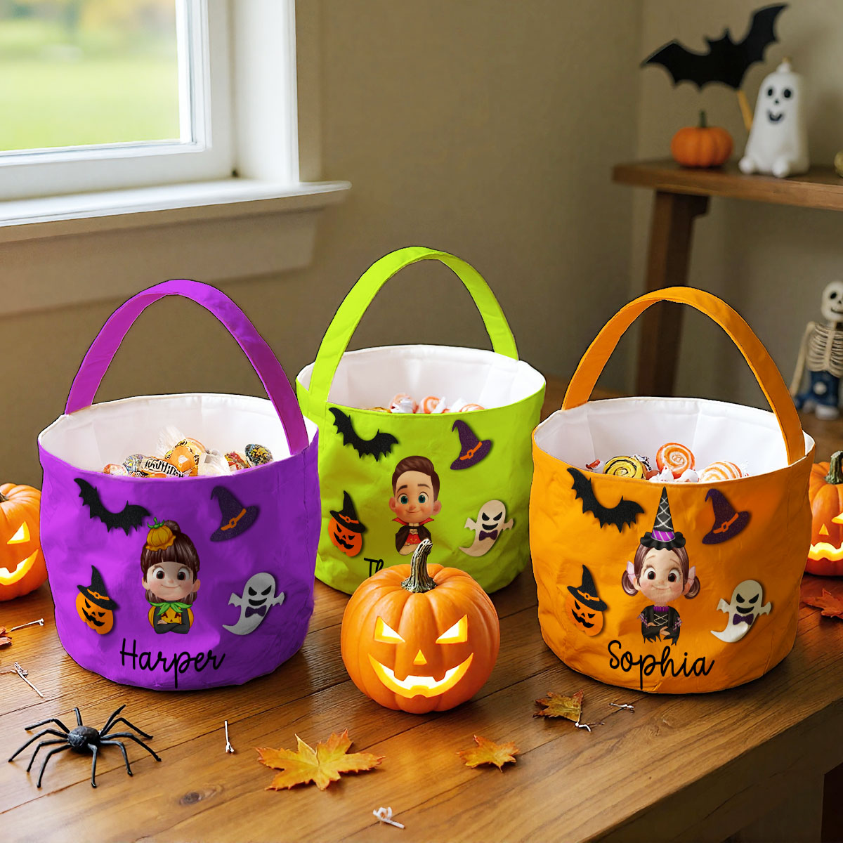 Halloween Theme Cute Cartoon Kid Personalized Trick Or Treat Basket, Gift Bag, Treat Bag For Kids