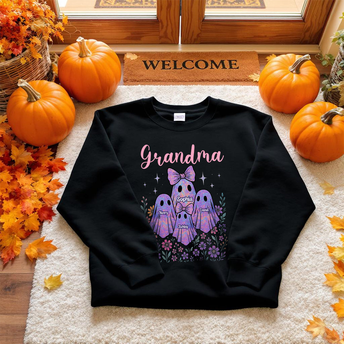 Grandma Mom Iridescent Cute Ghost Personalized Sweatshirt, Halloween Gift