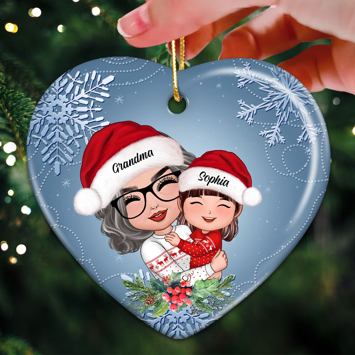 Doll Grandma Hugging Granddaughter Grandson In Winter Theme Personalized Heart Ornament