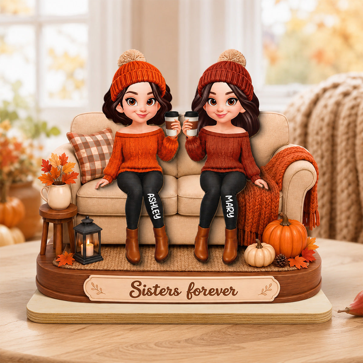 Besties Sitting On Pumpkin Spice Latte 2D Flat - Personalized Wooden Plaque - Cozy Fall Gift