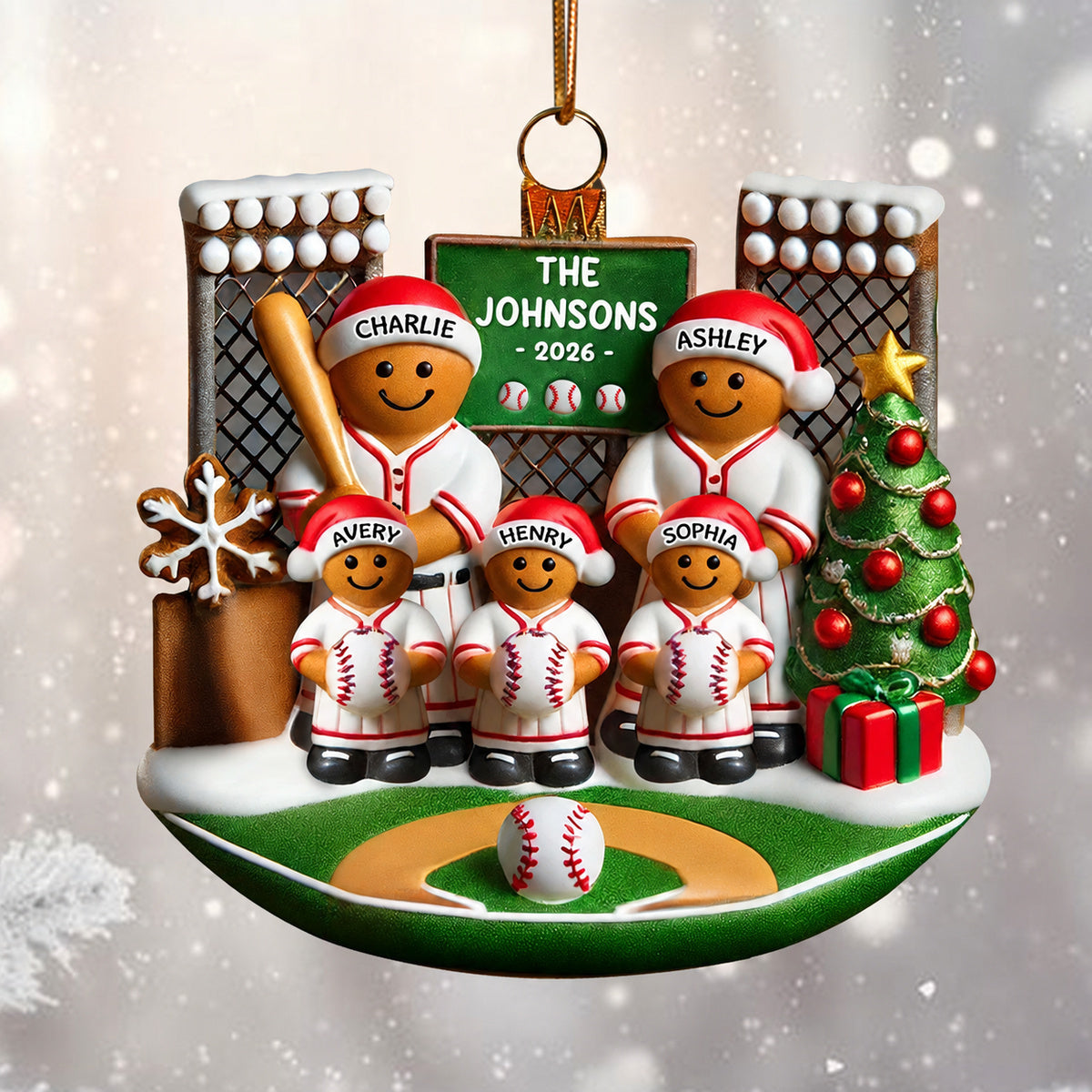 3D Effect Baseball Gingerbread Family On Field Sport Lover - Personalized Acrylic Ornament