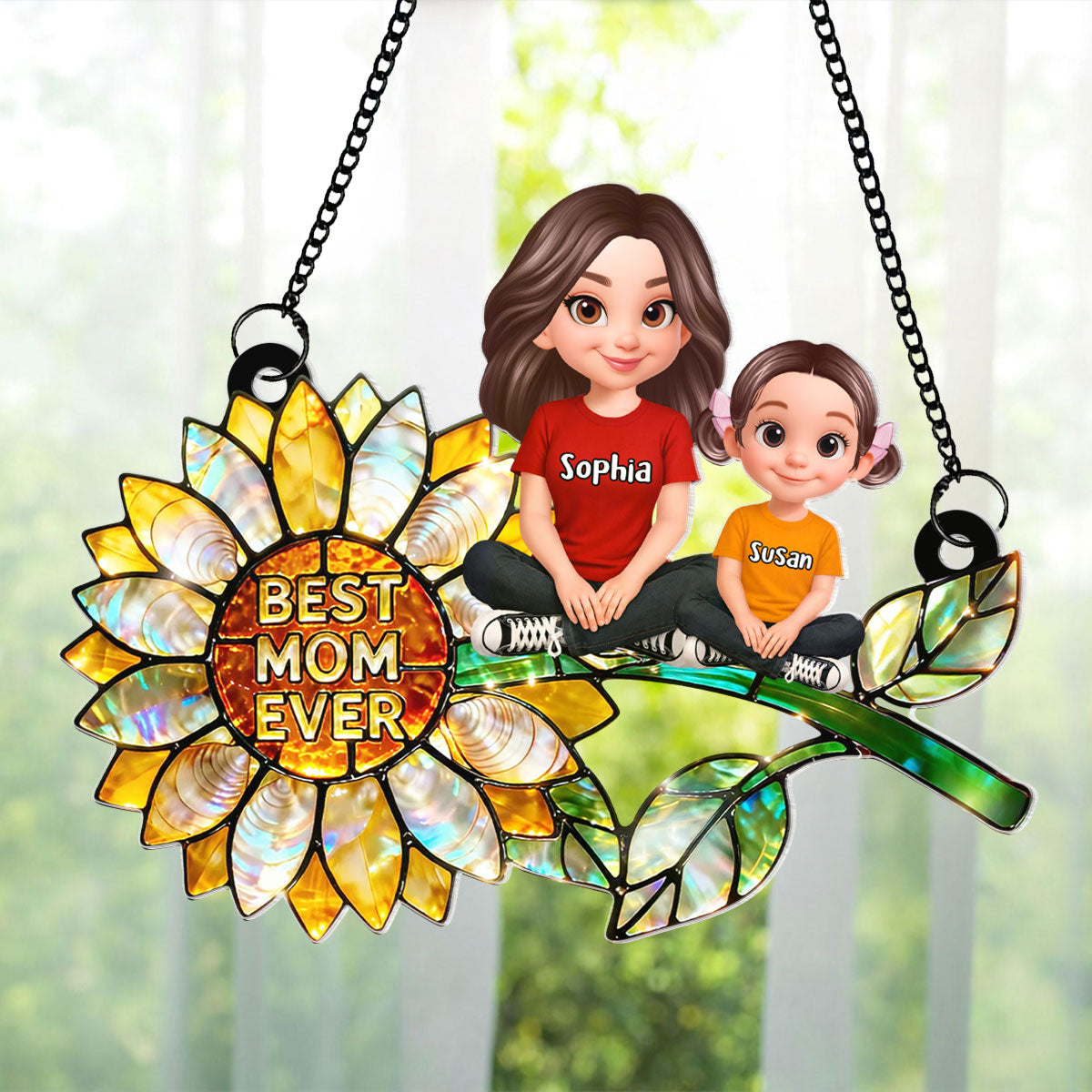Sunflower Mom Grandma and Grandkids Sitting - Personalized Window Hanging Suncatcher - Mother's Day Gift for Mom, Wife