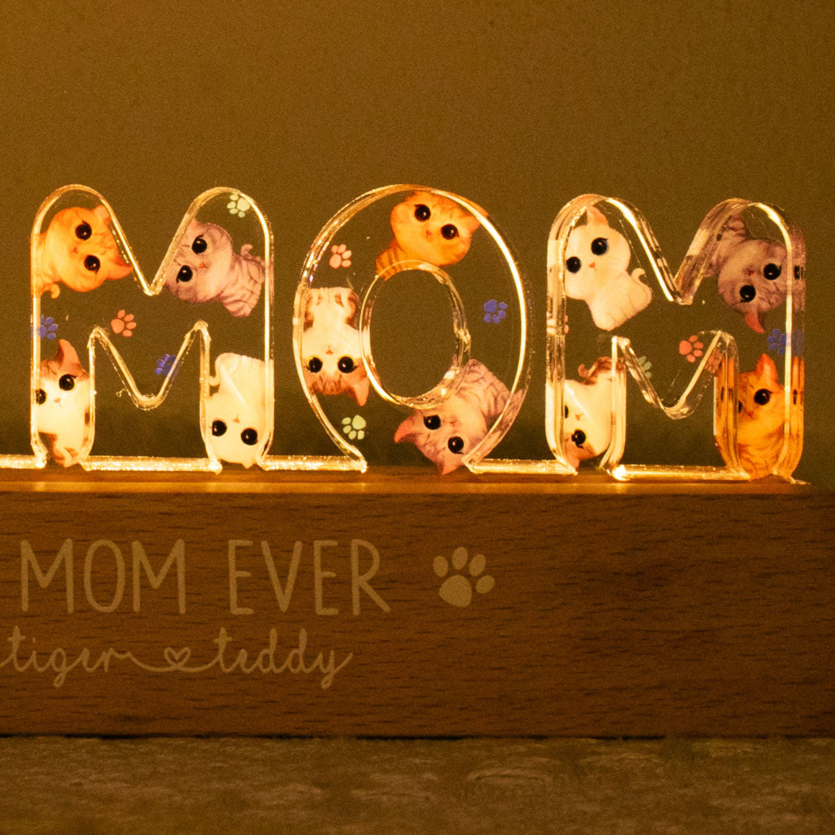 Cat Mom Watercolor Cute Cats Personalized LED Night Light