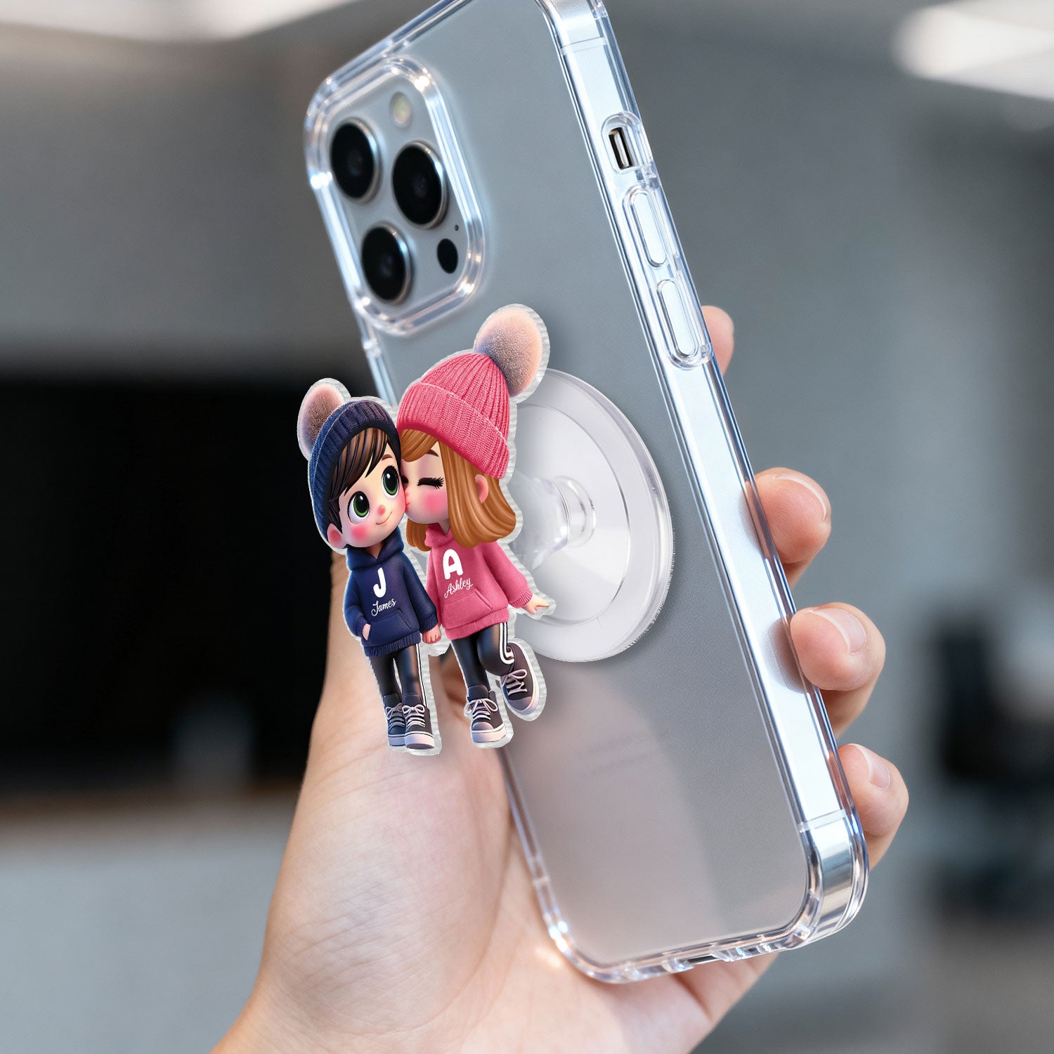3D Effect Cute Cartoon Couple Walking - Personalized Acrylic Magnetic Phone Grip - Matching Phone Grips for Couples