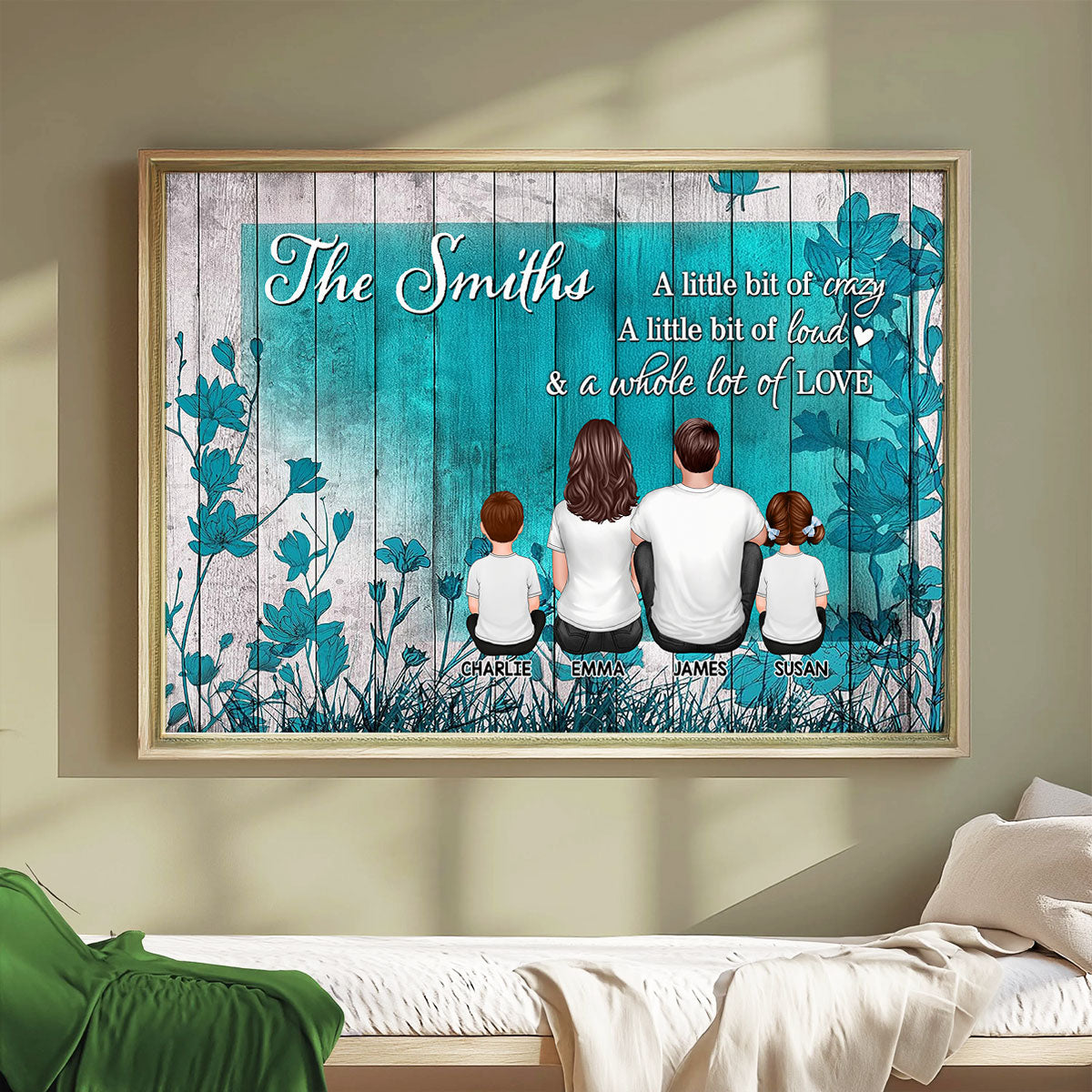 Teal Flower Family Sitting Personalized Poster